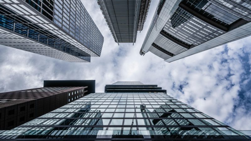 skyscrapers in blue out of a frog perspective